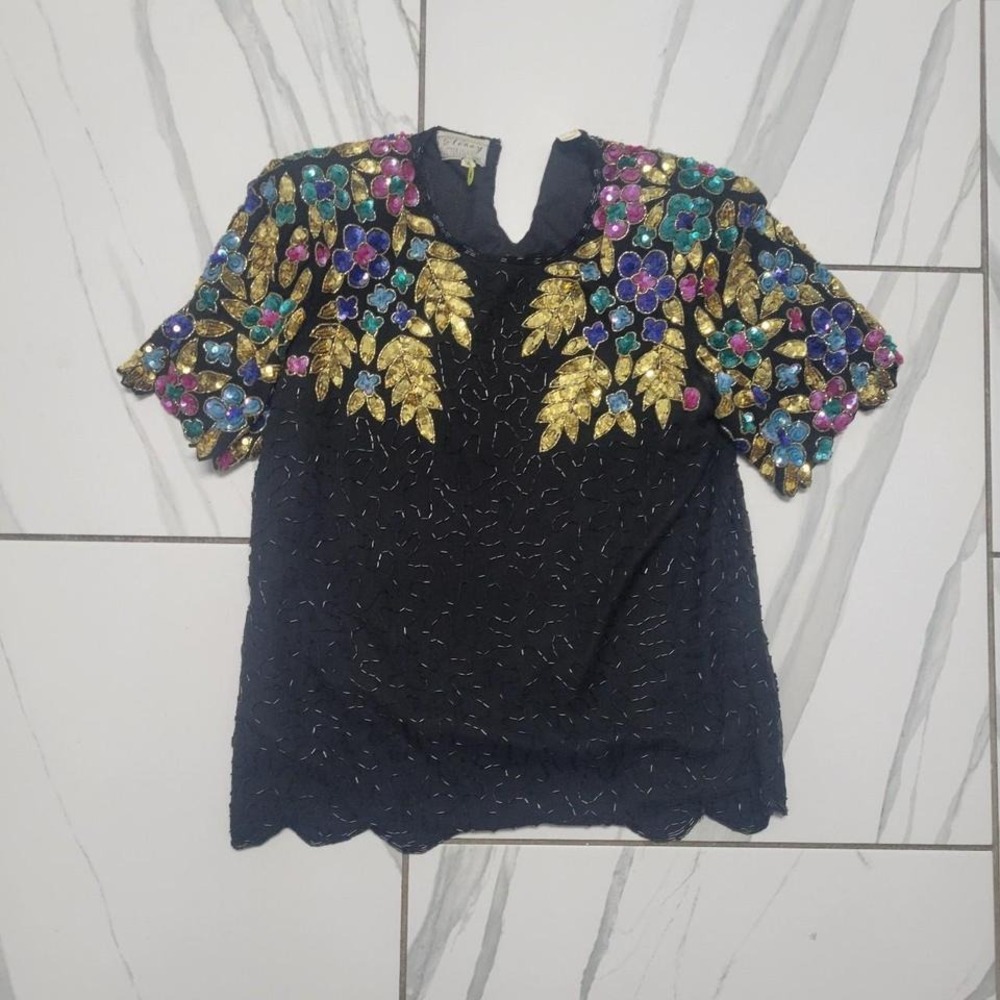 Vintage silk black sequinned new years floral blouse gold sequins party cocktail